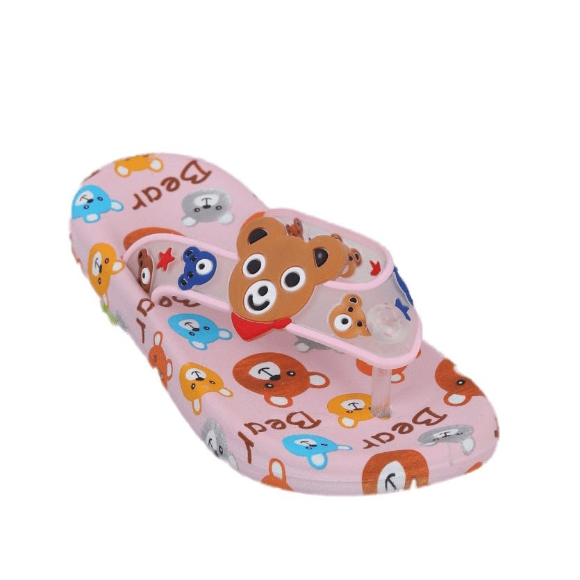 Comfortable pink flip flops for children featuring a cute bear and friends design
