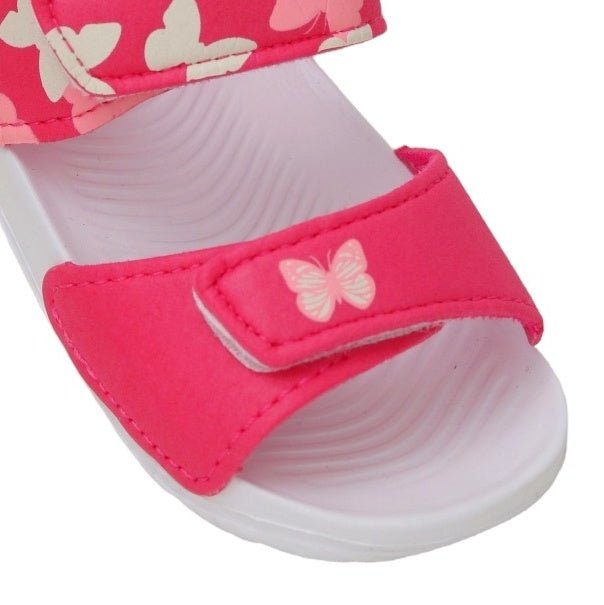 Close-up of the butterfly detail on toddler's pink print sandals