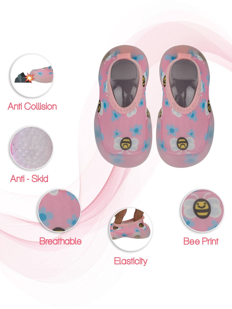 Child's Pink Flower and Bee Shoe Socks by Yellow Bee with Flexible Slip-Resistant Sole