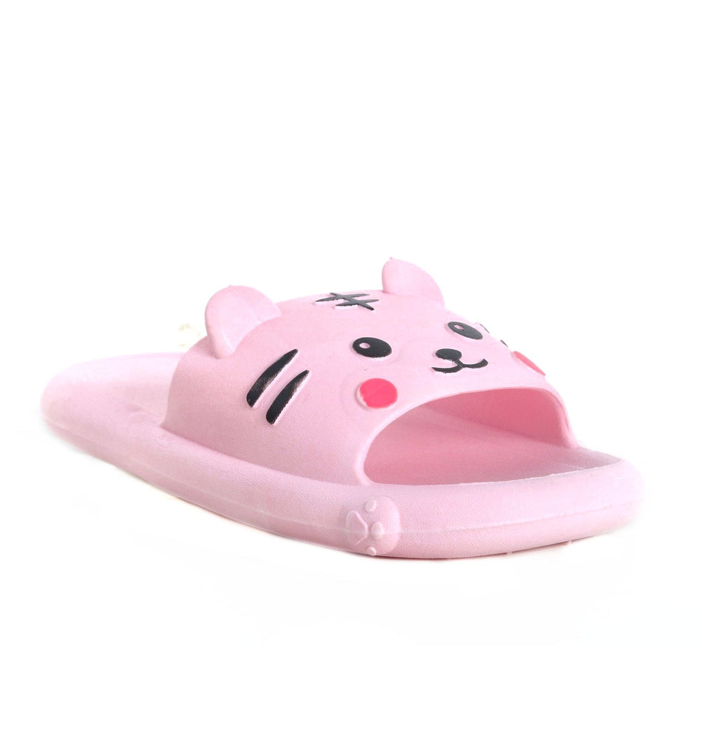 Side Perspective of Pink Children's Slides with Kitty Accents