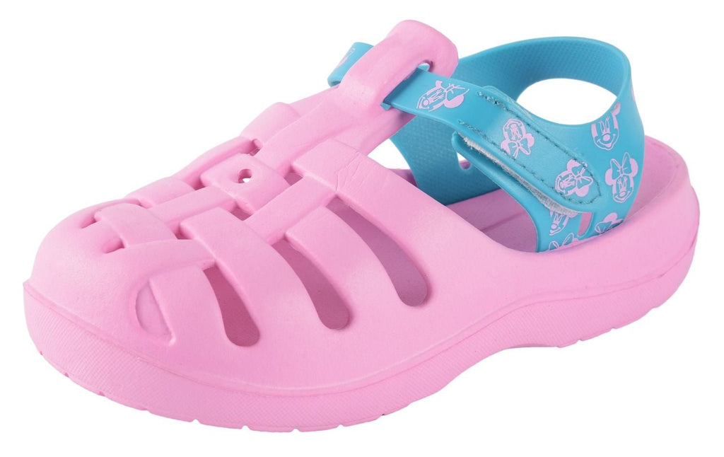 Side angle view of Yellow Bee's Sweet Pink Clogs for Girls with blue hook and loop strap