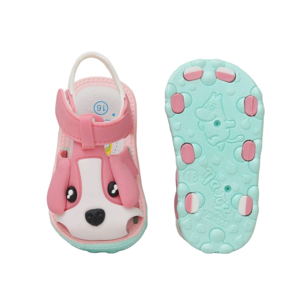Top and bottom view of pink toddler sandals with puppy applique, showing inner sole and non-slip pattern.