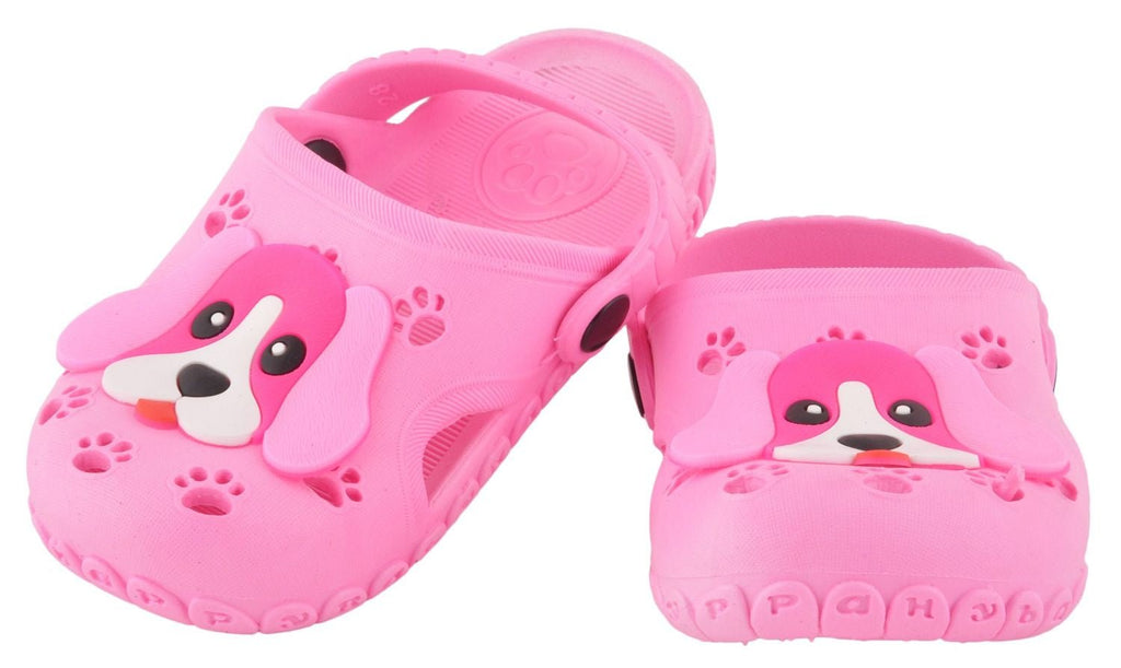 Full view of the comfortable light pink clogs for girls featuring a charming puppy pattern