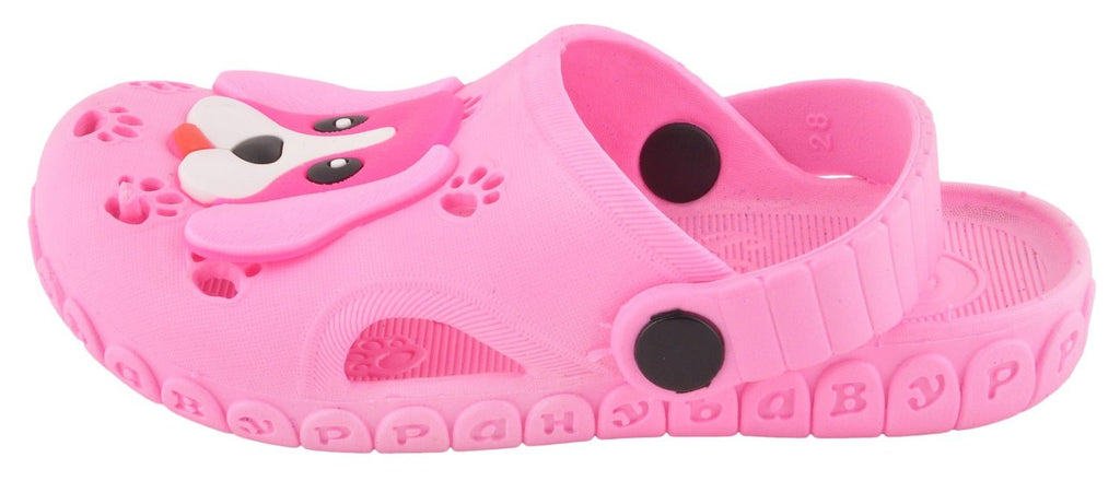 Side view of the light pink girls' clogs showing the side profile of the puppy design and breathable side holes