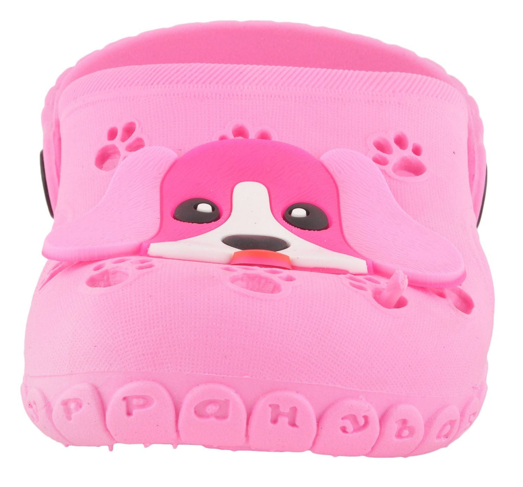 Close-up of the soft rubber texture and puppy design on girls' light pink clogs