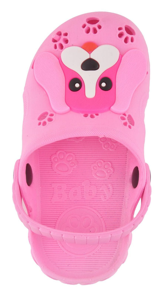 Top view of girls' pink clogs with puppy motif, showcasing the ventilation holes and secure strap
