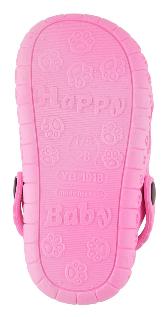 Back view of girls' playful pink puppy-themed clogs with durable heel strap