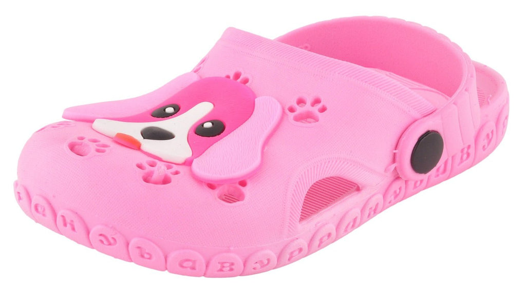 Angle view of the adorable light pink girls' clogs with a cute puppy face and paw prints.