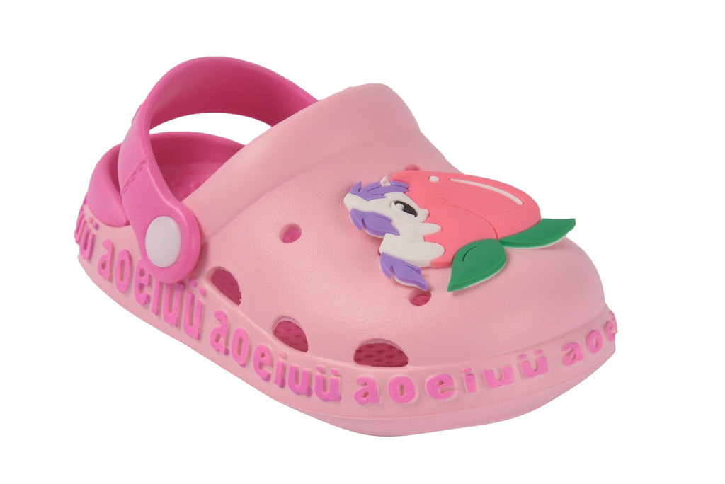 Pink children's clogs showcasing a whimsical unicorn character with peach accents and breathable design.