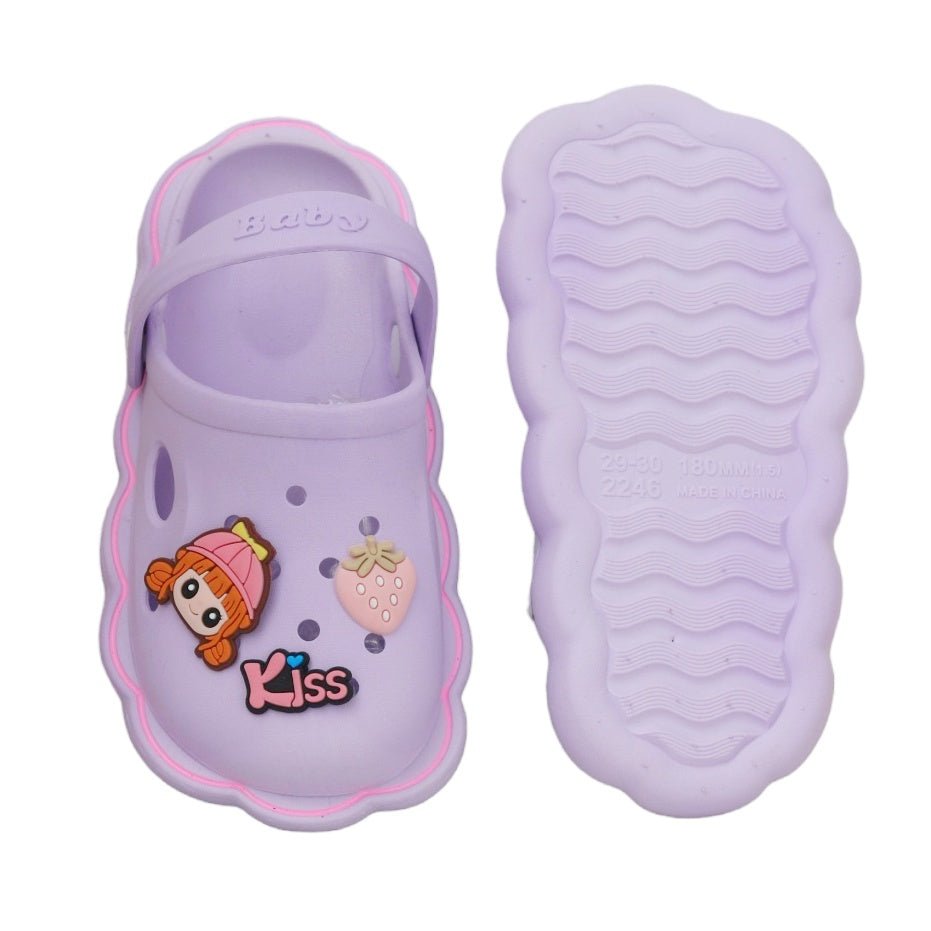 Bottom view of children's Strawberry and Doll Motif Clogs showcasing the grip