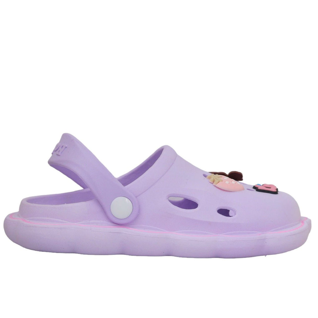 Side view of a child's purple clog featuring Strawberry and Doll Motif