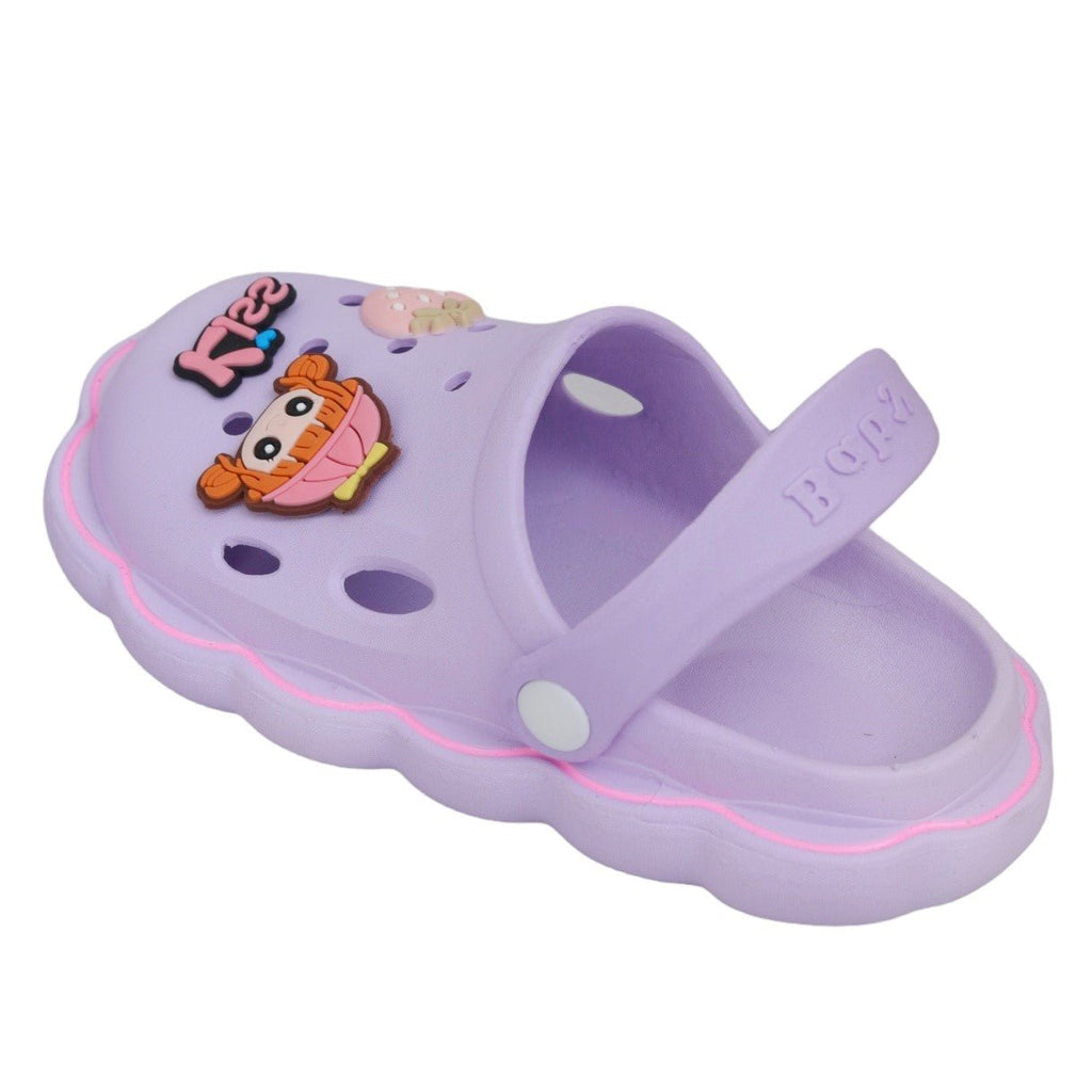 Top view of the purple Strawberry and Doll Motif Clogs for children