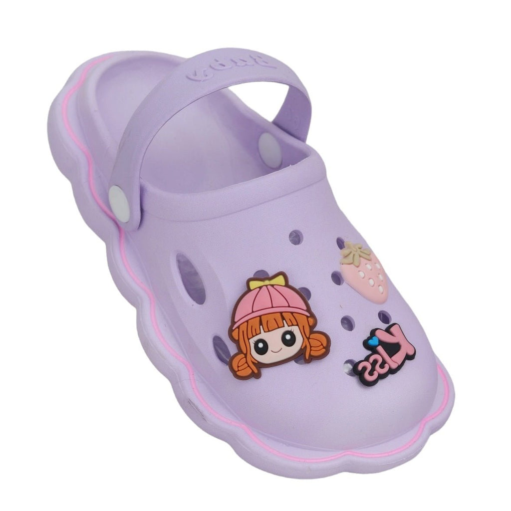 Close-up of the cute doll and strawberry design on a child's purple motif clog