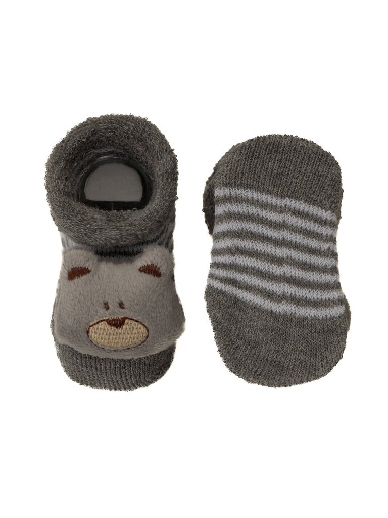 Pair of grey striped teddy bear stuffed toy socks with a cushioned insole