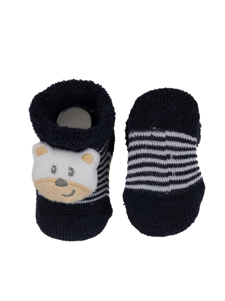 Navy teddy bear stuffed toy sock for infants isolated on a white background