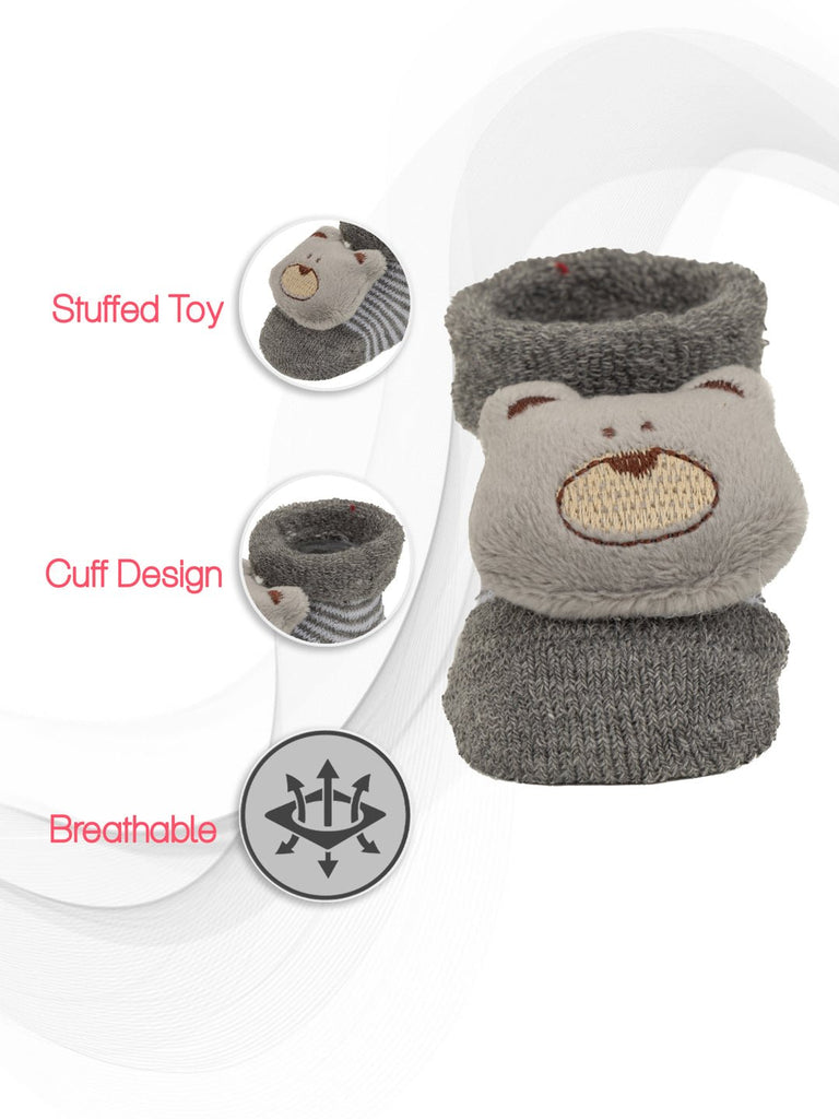 Close-up of grey teddy bear stuffed toy sock showcasing breathable material and comfortable cuff