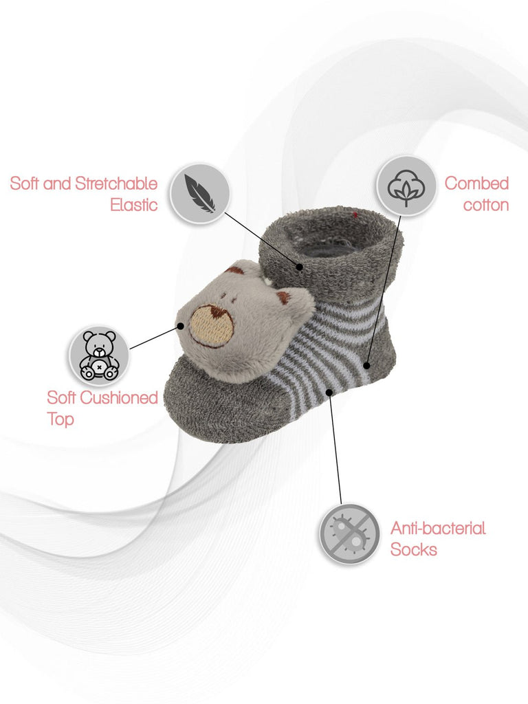 Grey teddy bear stuffed toy sock with features highlighting soft elastic and antibacterial fabric