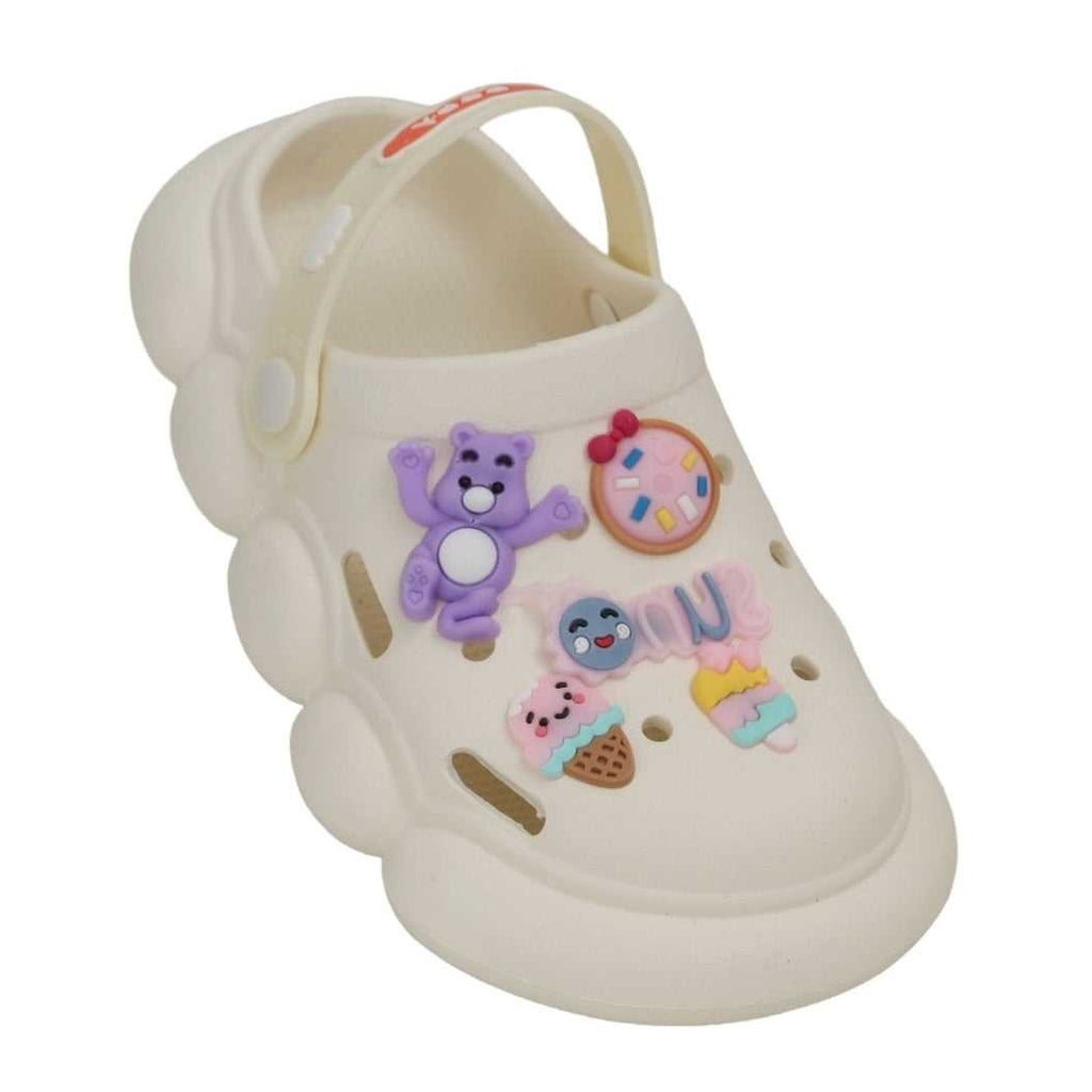 Close-up of beige Toddler Fantasy Clog showing detailed charms of bears and desserts