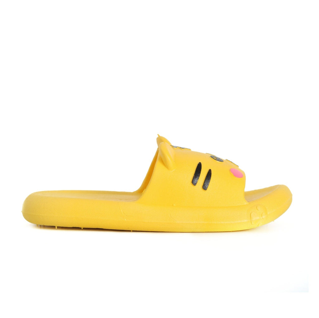 Side View of Cute Yellow Kids' Slides with Kitty Design