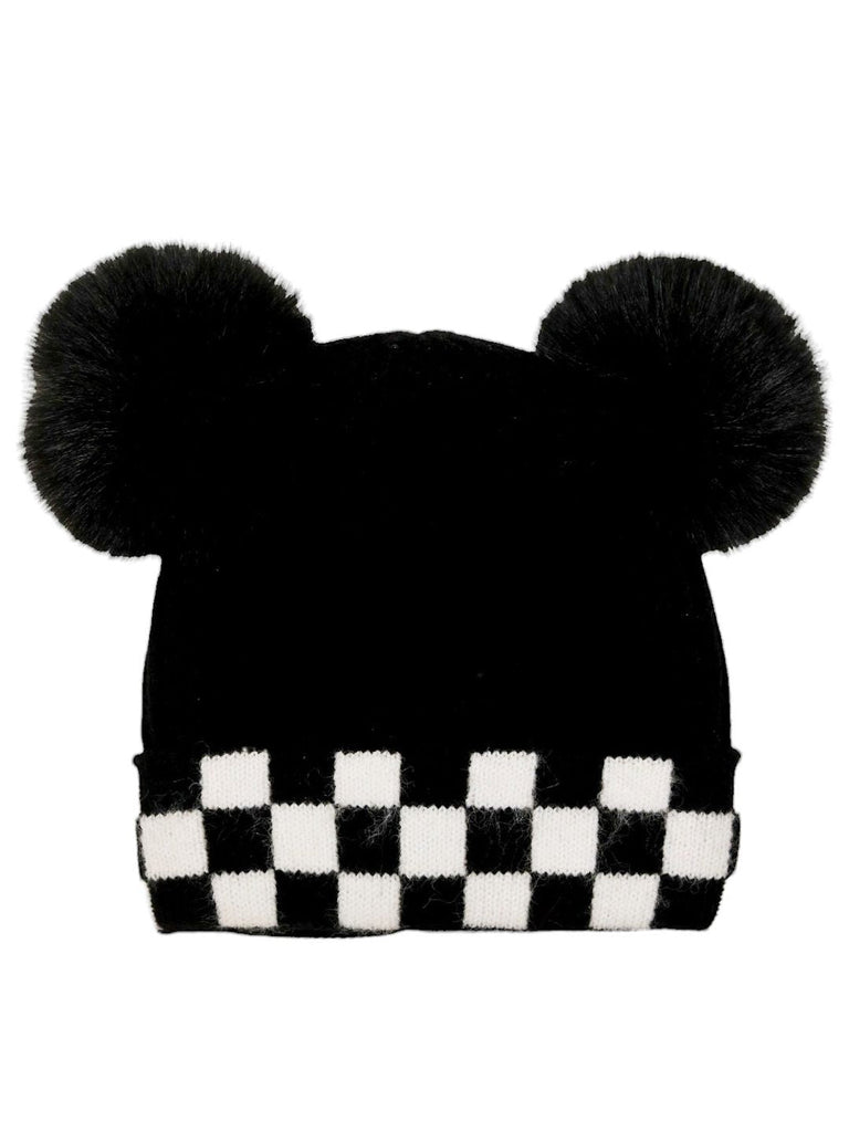 Back view of a black and white checkered hat with teddy print and two black pom-poms for children.