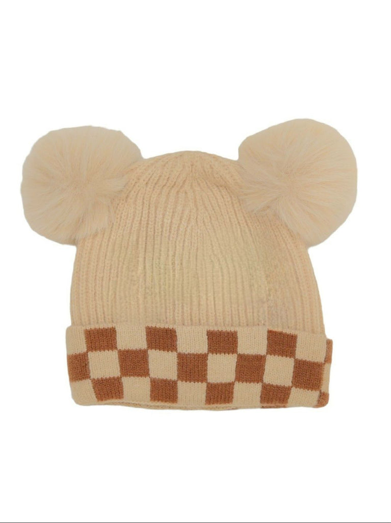 Back view of a kid's beige beanie hat with brown check pattern and pom-poms, showcasing the teddy bear embroidery.