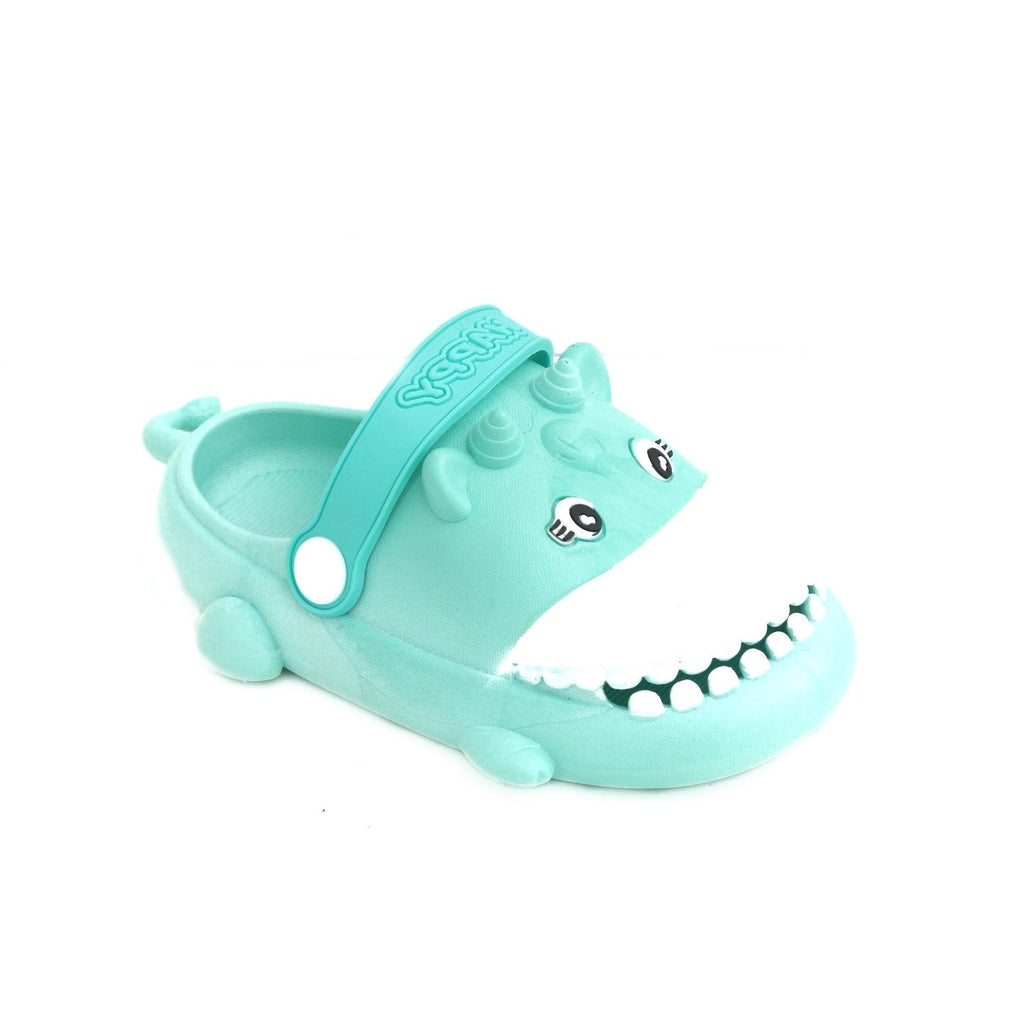 Side view of a toddler's aqua hippo clog with a happy face and secure strap