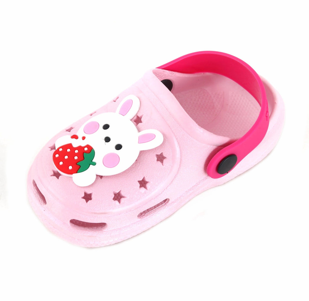 Side view of a pink children's clog featuring a bunny and strawberry design.