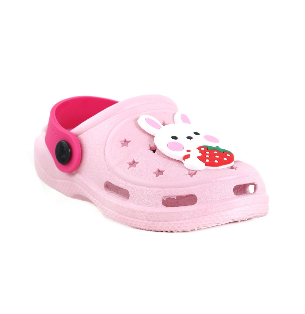 Single pink clog with bunny and strawberry motifs for children, angled view