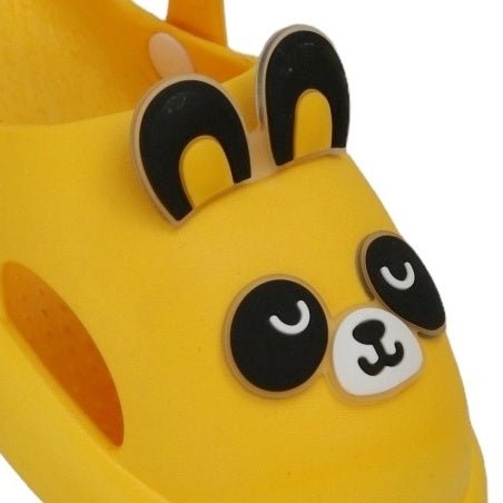 Close-up of the Cute Panda Face on the Yellow Kids' Clogs