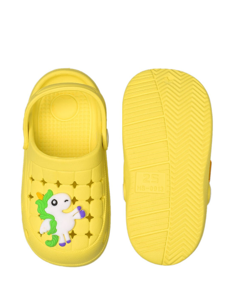 Top view of bright yellow kids' clogs featuring a charming unicorn design, ready for adventure.