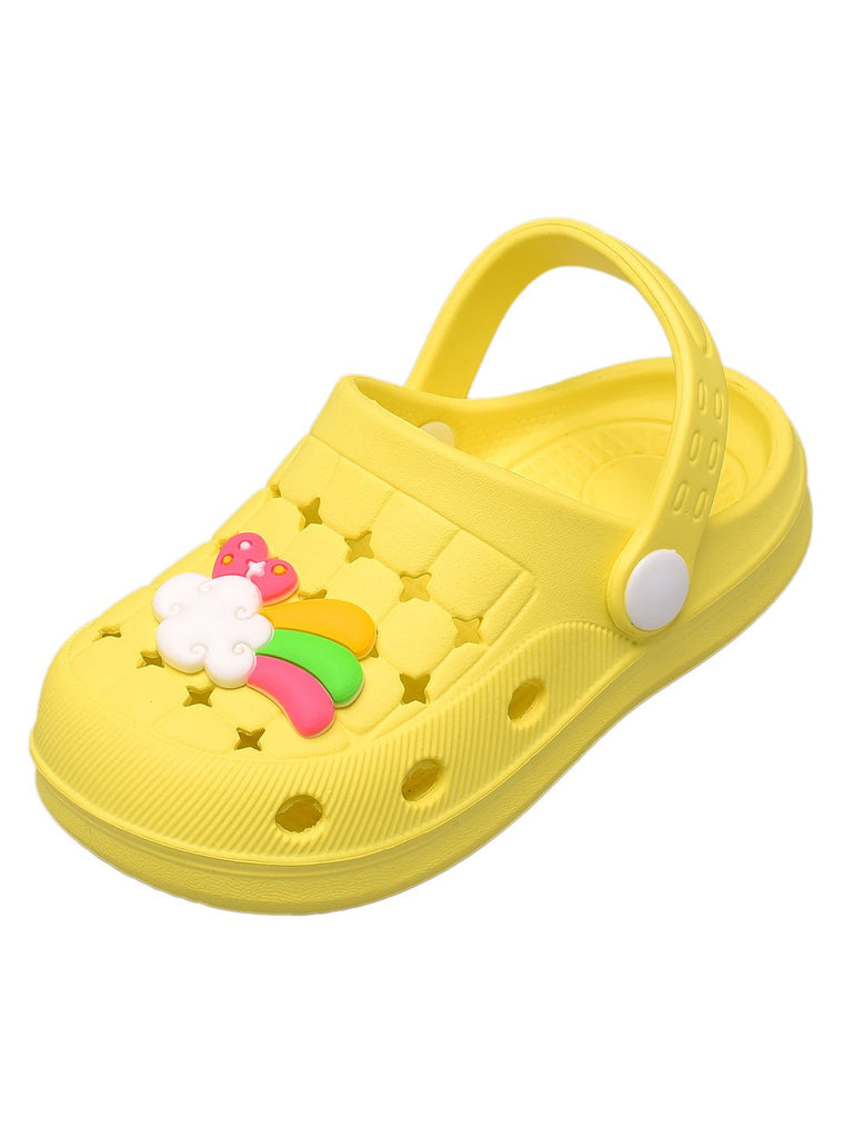 Vibrant yellow children's clogs adorned with a playful unicorn charm, perfect for imaginative play-a