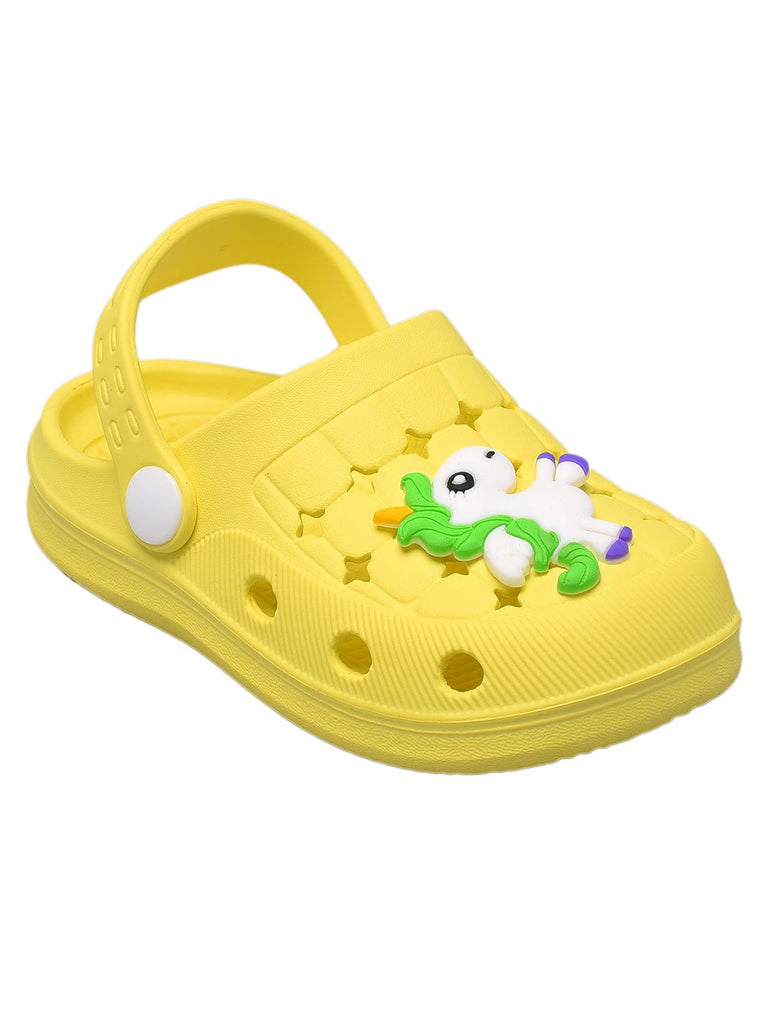 Vibrant yellow children's clogs adorned with a playful unicorn charm, perfect for imaginative play