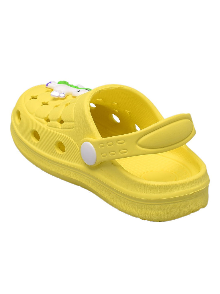 Vibrant yellow children's clogs adorned with a playful unicorn charm, perfect for imaginative play-back view