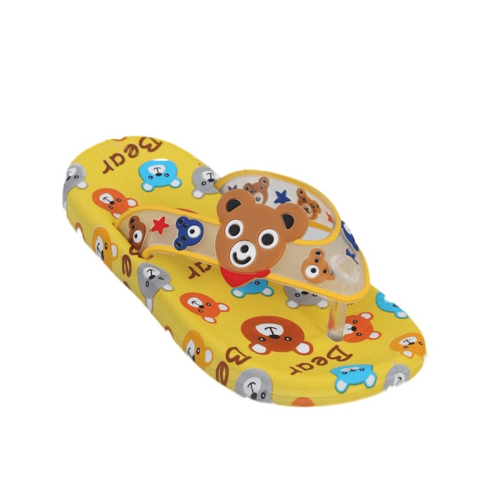 Side view of playful bear printed yellow flip flops for kids with a comfortable strap