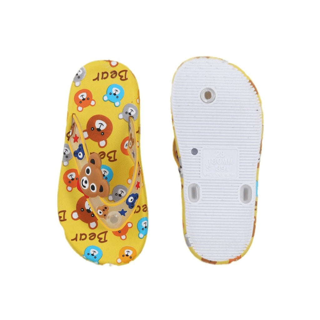 Top and bottom view of yellow flip flops featuring cute bear characters and anti-slip design