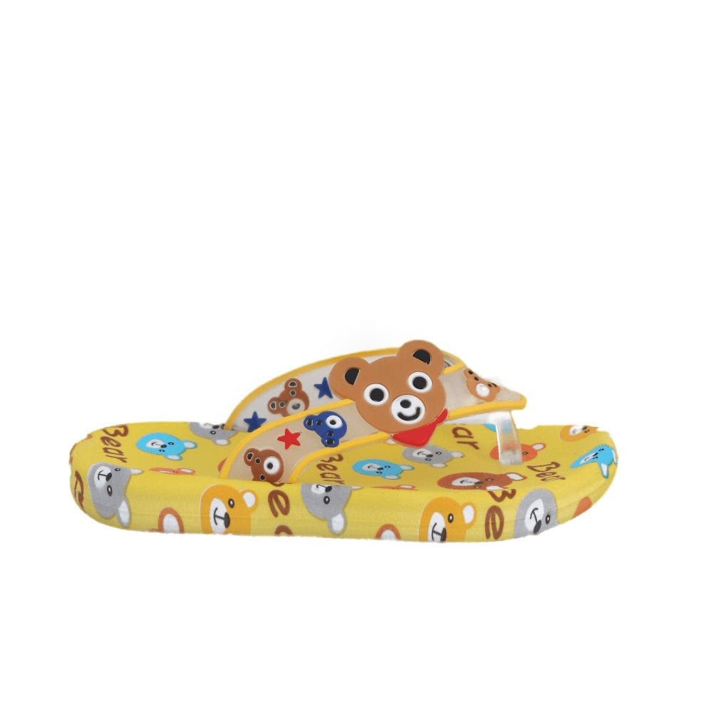 Angle view showing the full print of the bear and friends on the kid-friendly yellow flip flops