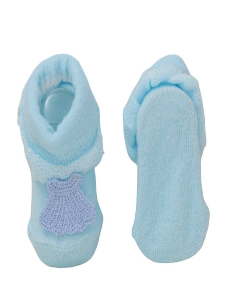 Bottom view of blue shell baby socks with safety grip.