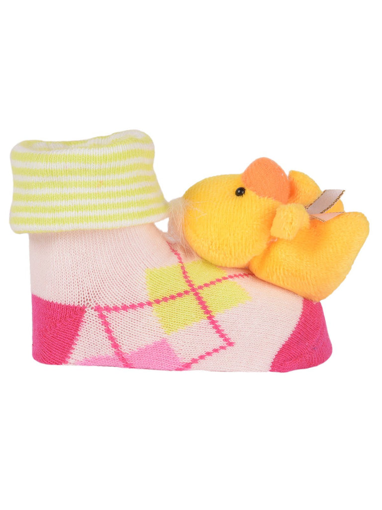 Cute doll embellished pink socks with polka dots for girls.