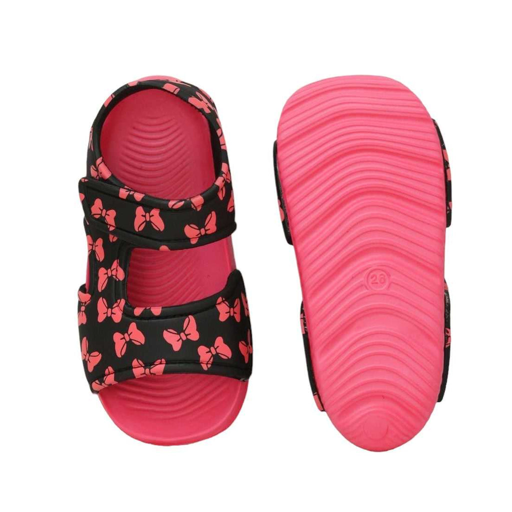 Top and bottom view of kids' bow print sandals in black and pink