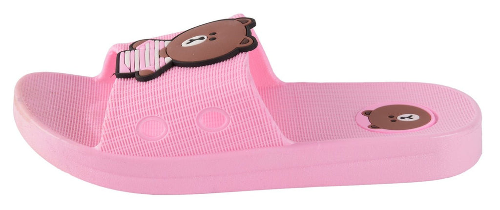 Side view of Yellow Bee's Pink Bear Sliders for Girls showing side profile and sole thickness