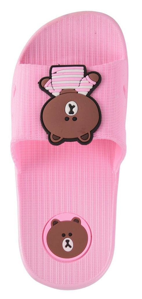 Top view of Yellow Bee's Pink Bear Sliders for Girls showing the insole and bear face design