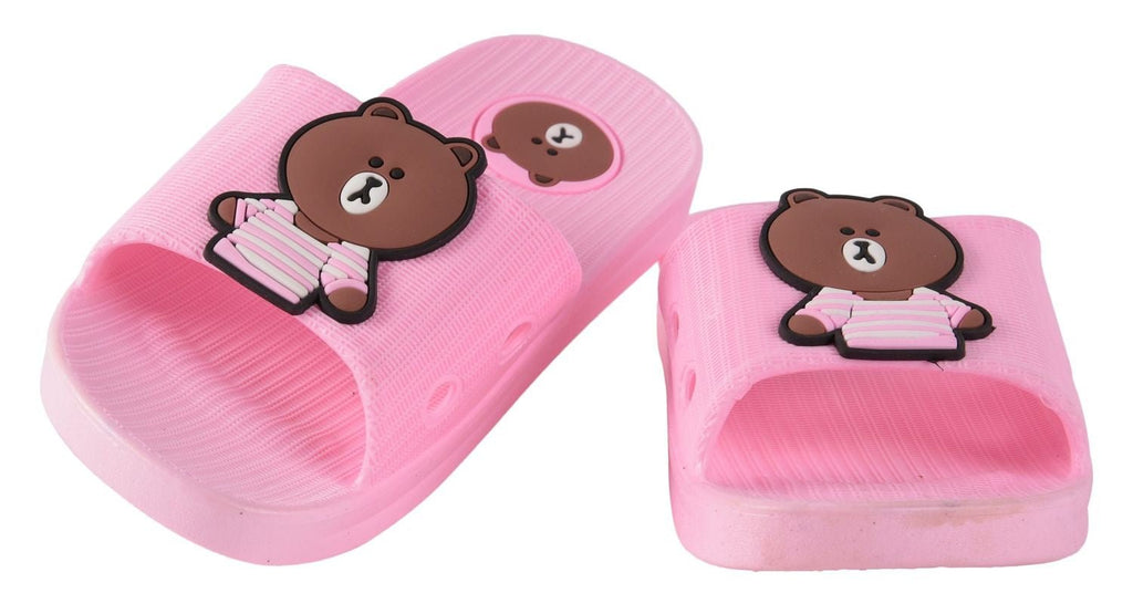Full pair view of Yellow Bee's Pink Bear Sliders for Girls highlighting the design and comfort.