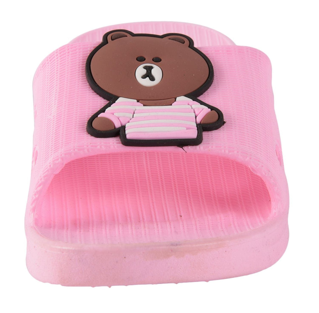 Close-up of the bear detail on Yellow Bee's Pink Bear Sliders for Girls.