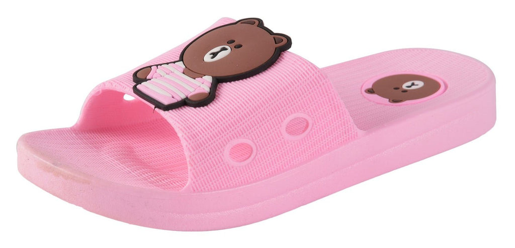 Front view of Yellow Bee's Pink Bear Sliders for Girls showing the bear face design