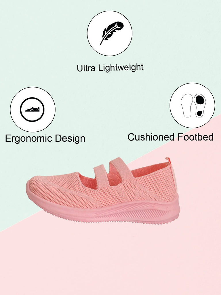 Infographic features of pink slip-on shoes: ultra-lightweight, ergonomic design, and cushioned footbed