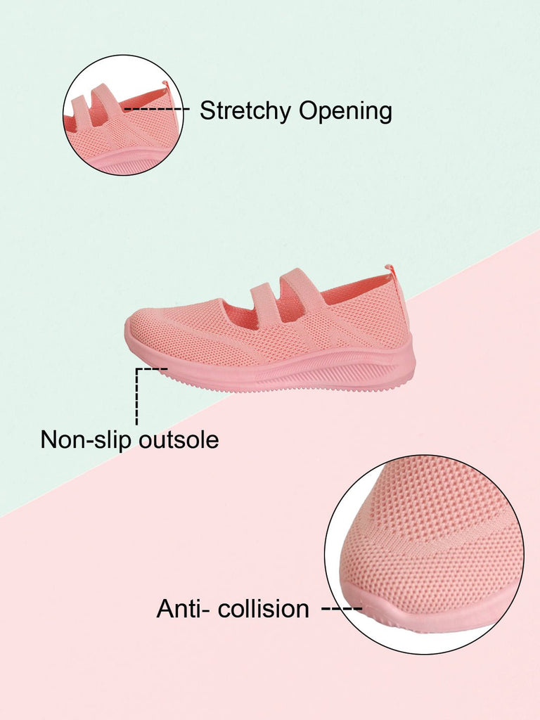 Side view of pink breathable knit slip-on shoes highlighting slip-on design and flexibility.