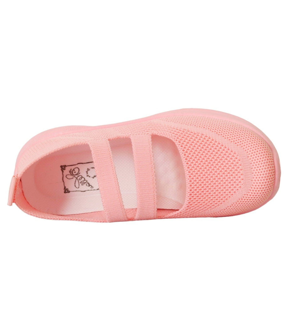 Top view showcasing the ergonomic and cushioned design of pink knit slip-on children's shoes.