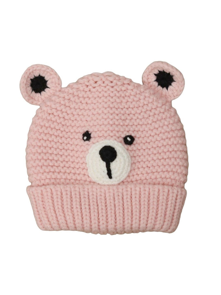 Top view of a soft pink teddy bear crochet beanie, showcasing the detailed stitching and ear design.