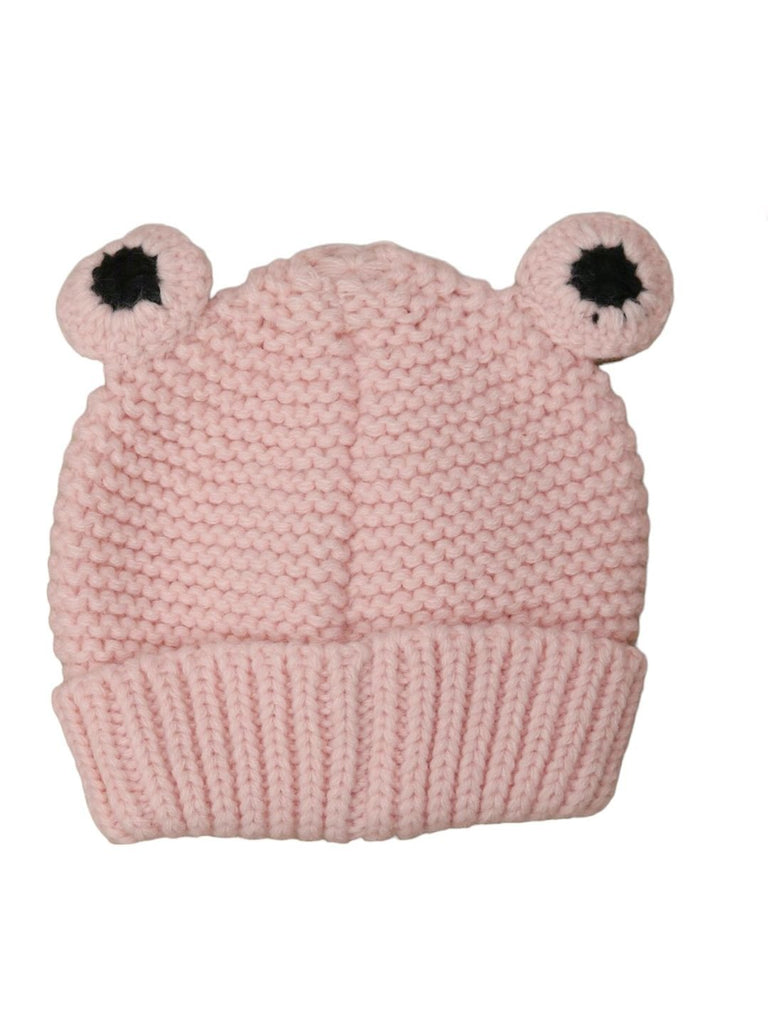 Side view of a pink crochet teddy bear woolen beanie for baby girls, highlighting the snug fit
