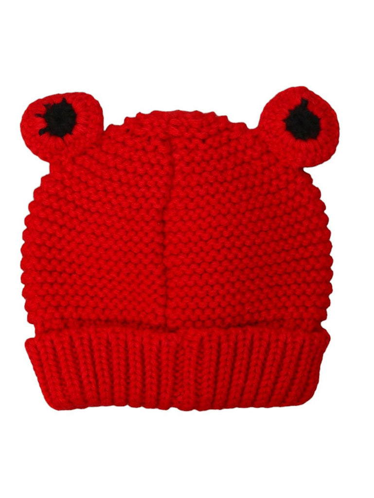 Side view of the red woolen teddy bear beanie for infants, showcasing the crochet texture
